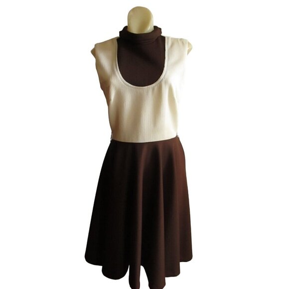 Vintage Women's Dress 8 1970's 2 Tone Stretch Knit Polyester Handmade Brown Mod - Picture 1 of 7